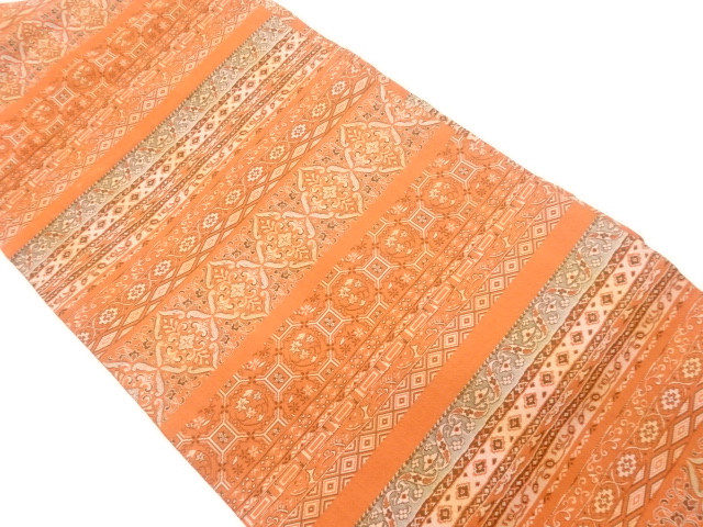 リサイクル　横段に華紋・蜀江文・草花模様織出し名古屋帯